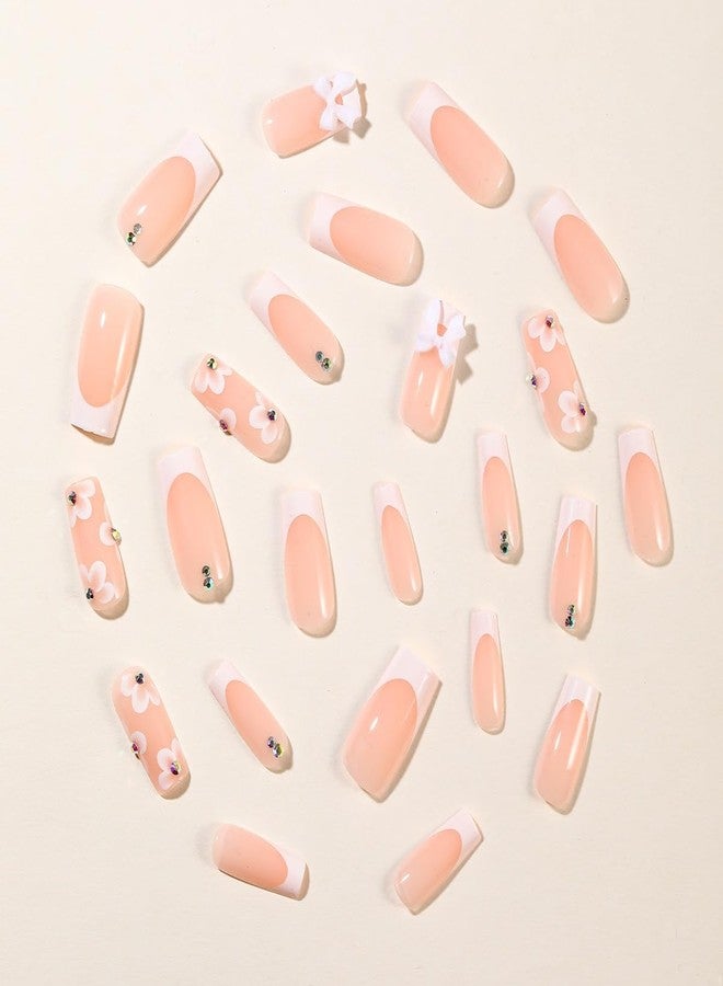 CTTHNBD Medium Press on Nails Square Fake Nails White French Tip with Floral Bow Design Glue on Glossy Acrylic Full Cover Stick on False Nails for Women 24Pcs - Image 2